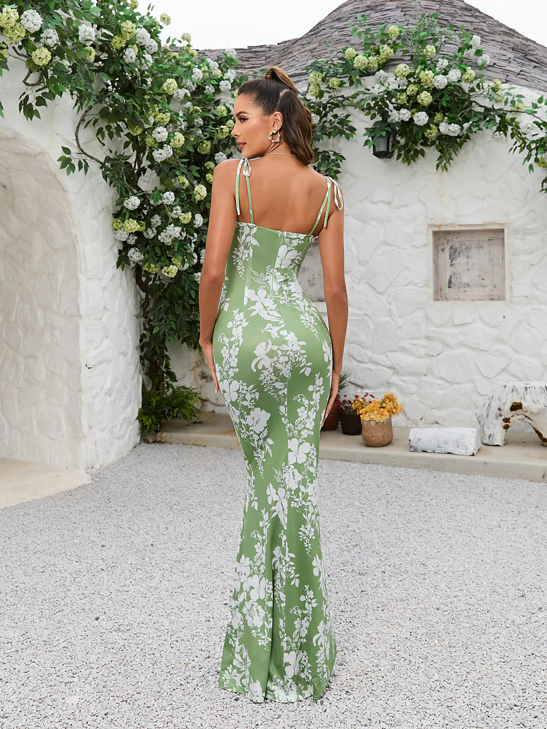 Maxi Mermaid Dress Satin Floral Fuchsia Straps to Tie Ruckled Bust