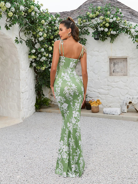 Maxi Mermaid Dress Satin Floral Fuchsia Straps to Tie Ruckled Bust
