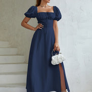 Maxi Dress Off Shoulder Puffy Sleeves Tie Front Bust Gathered High Slet