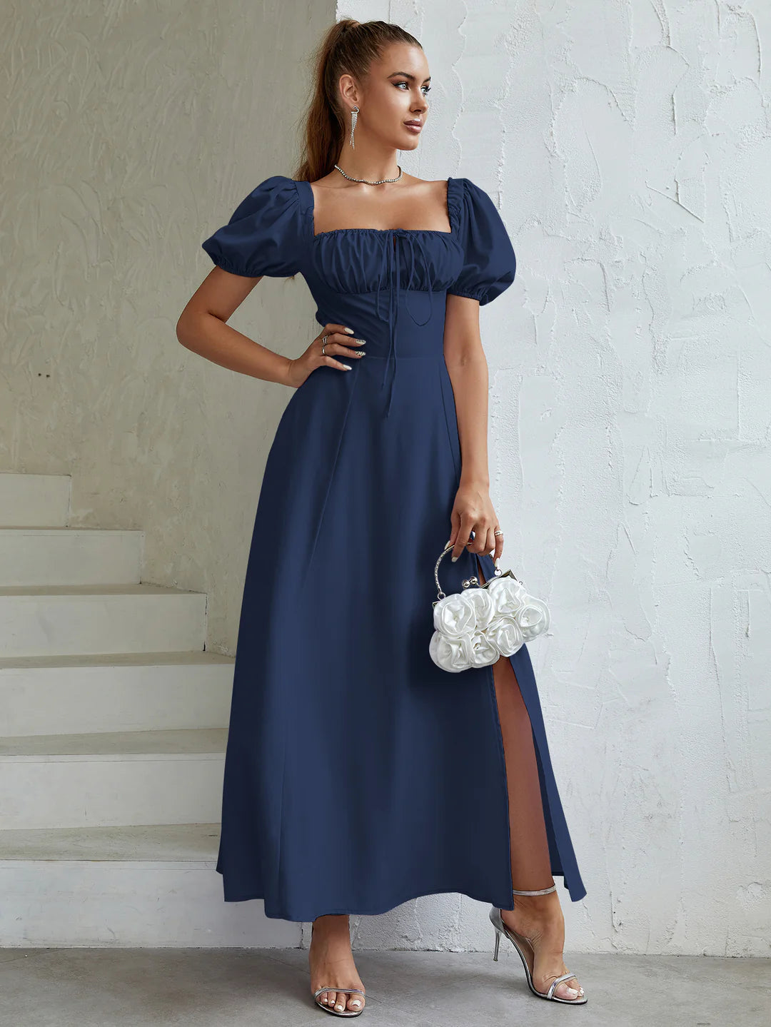 Maxi Dress Off Shoulder Puffy Sleeves Tie Front Bust Gathered High Slet