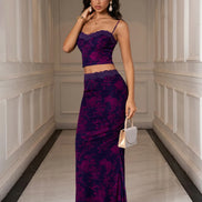 Set 2 Piece Crop Top Backless Border Lace & Tight Skirt Floral Mesh - Purple/Fuchsia