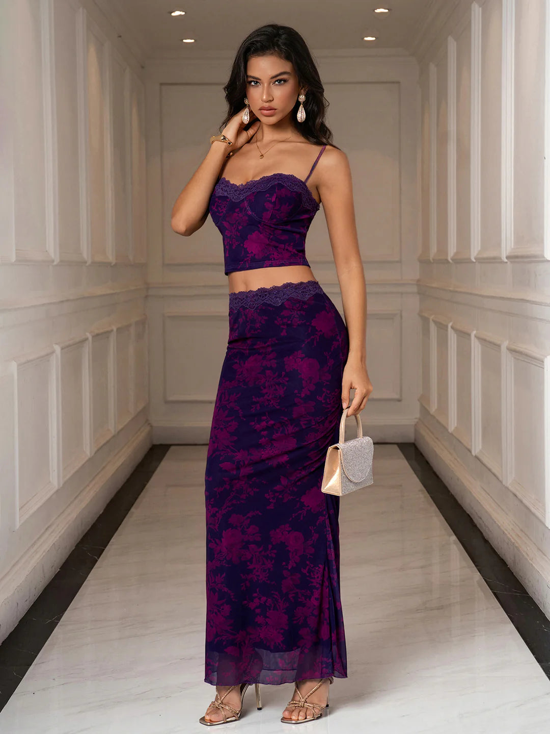 Set 2 Piece Crop Top Backless Border Lace & Tight Skirt Floral Mesh - Purple/Fuchsia