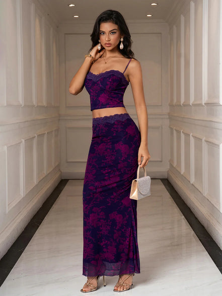 Set 2 Piece Crop Top Backless Border Lace & Tight Skirt Floral Mesh - Purple/Fuchsia