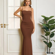 Maxi Dress Bodycon Mermaid Collar Cowl Draped Spaghetti Straps Gathered