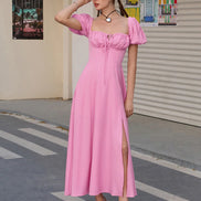 Maxi Dress Off Shoulder Puffy Sleeves Tie Front Bust Gathered High Slet