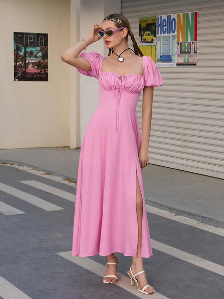 Maxi Dress Off Shoulder Puffy Sleeves Tie Front Bust Gathered High Slet