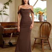 Long Off Shoulder Gathered Mermaid Cut Zip Back
