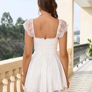 Satin Mini Evening Dress Square Neck Short Sleeves Lace Ruffled Skirt