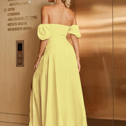 Maxi Dress Off Shoulder Puffy Sleeves Tie Front Bust Gathered High Slet
