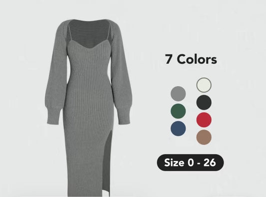 Elegant Sweater Dress with Side Slit, Chic with suspenders and long sleeves