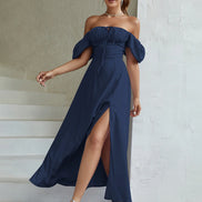 Maxi Dress Off Shoulder Puffy Sleeves Tie Front Bust Gathered High Slet