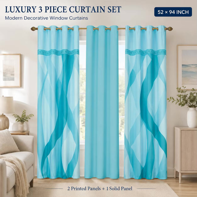 Modern Luxury 3 Piece Curtain Set with Geometric Pattern - 52x94 Window Drapes, 
10 Colors Available
