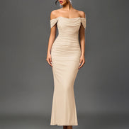 Long Off Shoulder Gathered Mermaid Cut Zip Back