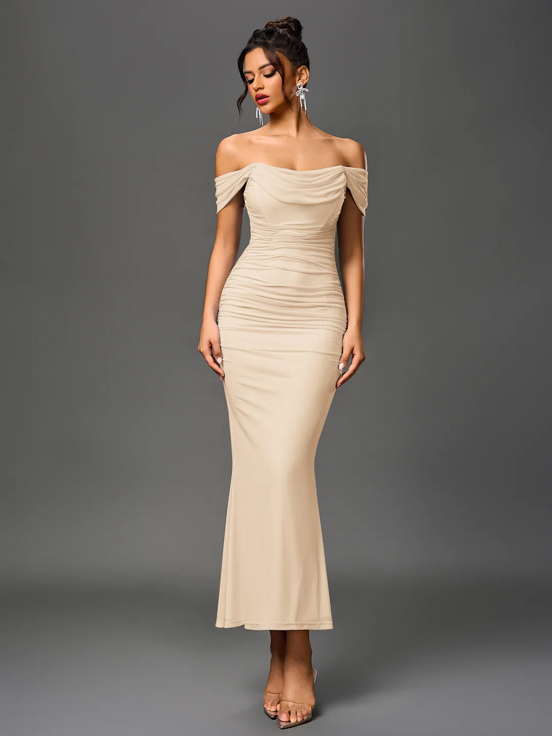 Long Off Shoulder Gathered Mermaid Cut Zip Back
