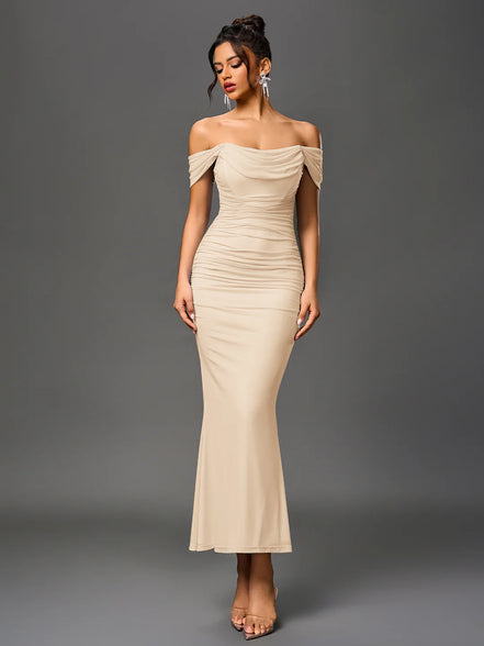 Long Off Shoulder Gathered Mermaid Cut Zip Back