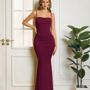 Maxi Dress Bodycon Mermaid Collar Cowl Draped Spaghetti Straps Gathered