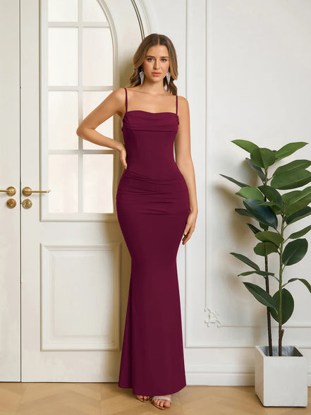 Maxi Dress Bodycon Mermaid Collar Cowl Draped Spaghetti Straps Gathered