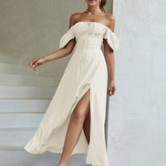 Maxi Dress Off Shoulder Puffy Sleeves Tie Front Bust Gathered High Slet