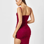 Frowning Decorative Pearls Back Zippered Side Slit - Bordeaux
