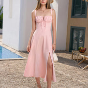 Women's Corset Style Midi Dress Square Neck Ruched Bust Crisscross Lace-Up Back Side Split
