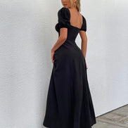 Maxi Dress Off Shoulder Puffy Sleeves Tie Front Bust Gathered High Slet