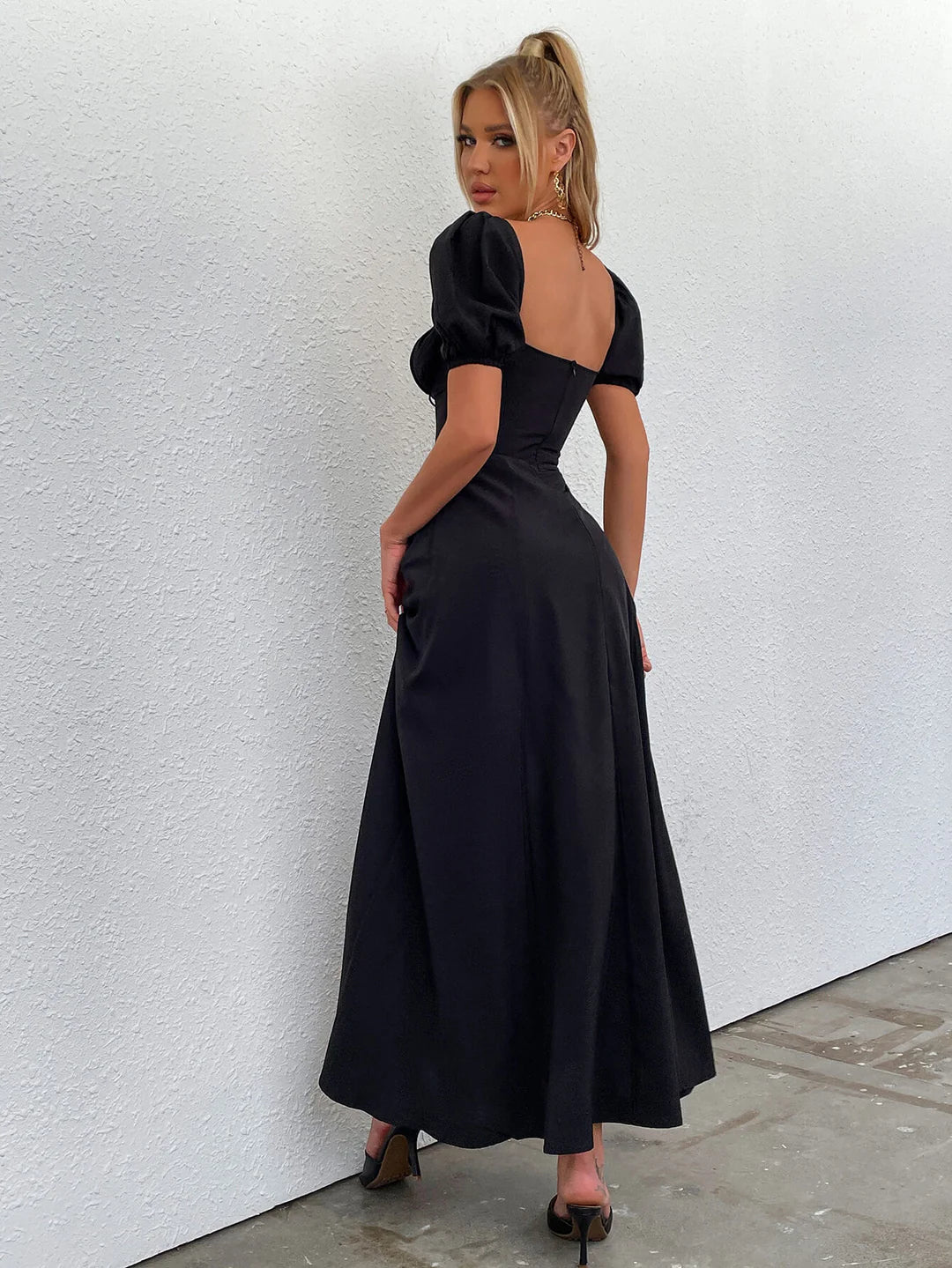 Maxi Dress Off Shoulder Puffy Sleeves Tie Front Bust Gathered High Slet