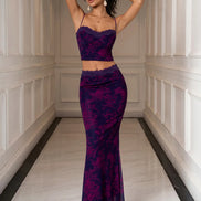 Set 2 Piece Crop Top Backless Border Lace & Tight Skirt Floral Mesh - Purple/Fuchsia