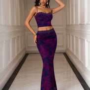 Set 2 Piece Crop Top Backless Border Lace & Tight Skirt Floral Mesh - Purple/Fuchsia