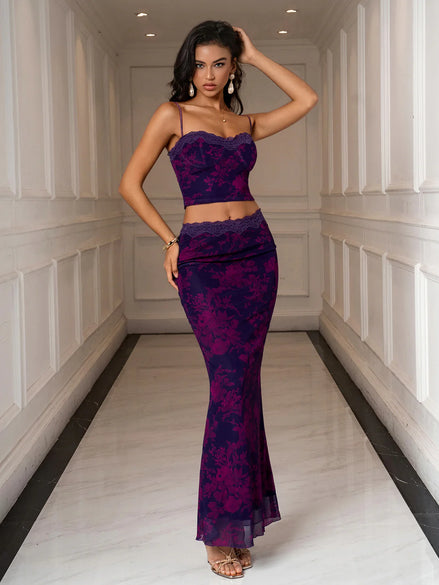 Set 2 Piece Crop Top Backless Border Lace & Tight Skirt Floral Mesh - Purple/Fuchsia