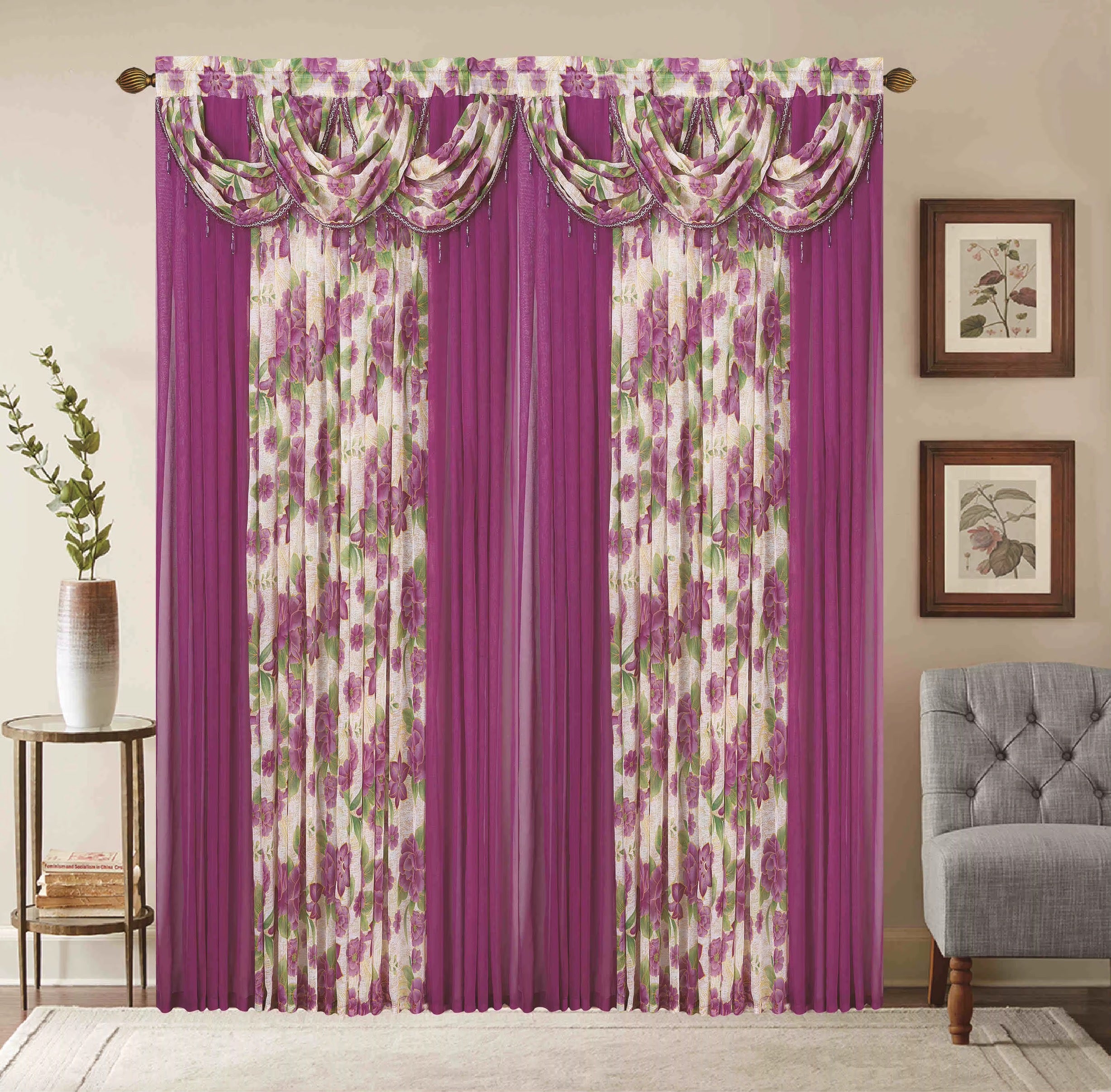 Window Curtain Set – Waterfall Valance with Beads, 2-Panel Set