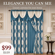 2-Piece Curtain Set with Attached Valance — Satin Ikat Panels with Tiebacks, 4 Colors
