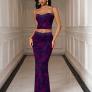 Set 2 Piece Crop Top Backless Border Lace & Tight Skirt Floral Mesh - Purple/Fuchsia