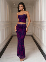 Set 2 Piece Crop Top Backless Border Lace & Tight Skirt Floral Mesh - Purple/Fuchsia