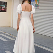 Maxi Dress Off Shoulder Puffy Sleeves Tie Front Bust Gathered High Slet
