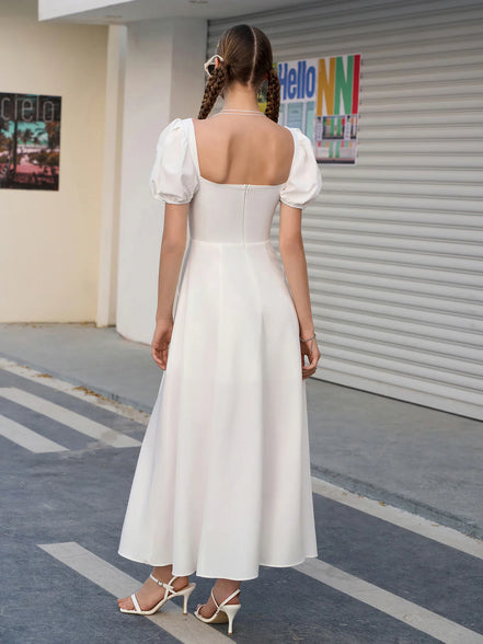 Maxi Dress Off Shoulder Puffy Sleeves Tie Front Bust Gathered High Slet