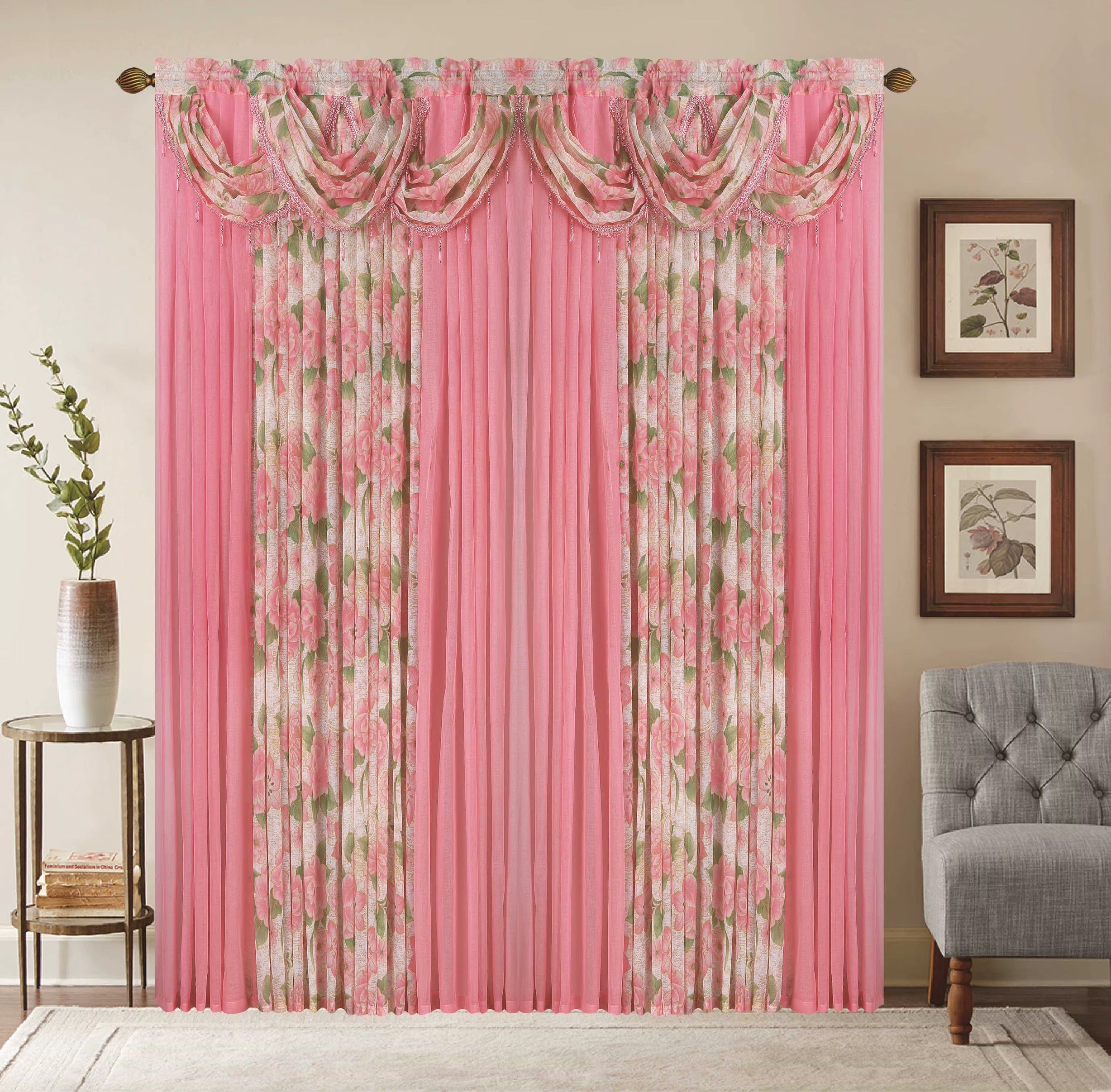 Window Curtain Set – Waterfall Valance with Beads, 2-Panel Set