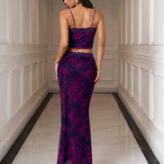 Set 2 Piece Crop Top Backless Border Lace & Tight Skirt Floral Mesh - Purple/Fuchsia