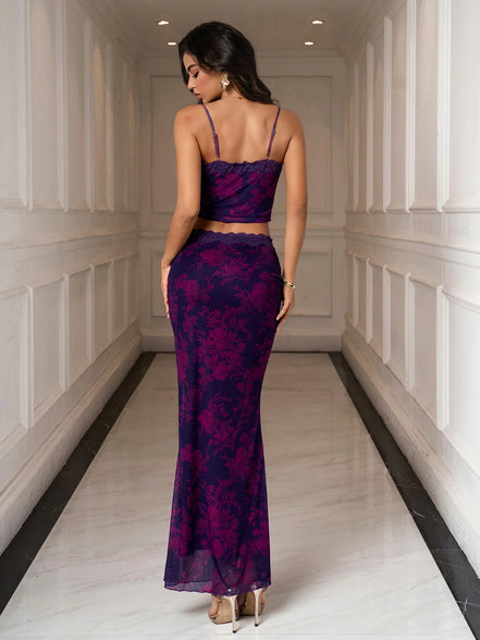 Set 2 Piece Crop Top Backless Border Lace & Tight Skirt Floral Mesh - Purple/Fuchsia