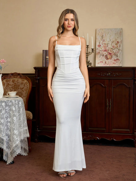 Maxi Dress Bodycon Mermaid Collar Cowl Draped Spaghetti Straps Gathered