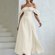 Maxi Dress Off Shoulder Puffy Sleeves Tie Front Bust Gathered High Slet
