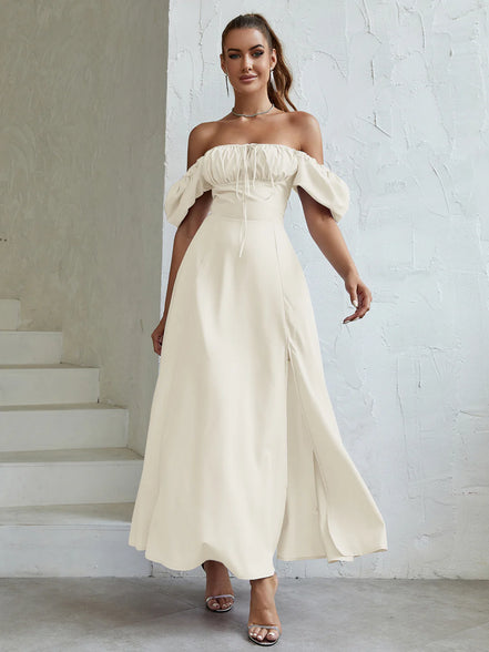Maxi Dress Off Shoulder Puffy Sleeves Tie Front Bust Gathered High Slet