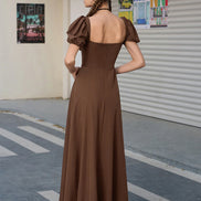 Maxi Dress Off Shoulder Puffy Sleeves Tie Front Bust Gathered High Slet