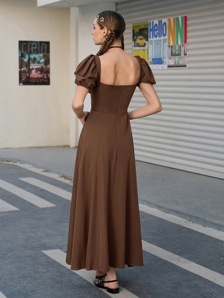Maxi Dress Off Shoulder Puffy Sleeves Tie Front Bust Gathered High Sle – NewLalo