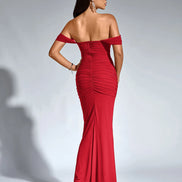 Long Off Shoulder Gathered Mermaid Cut Zip Back