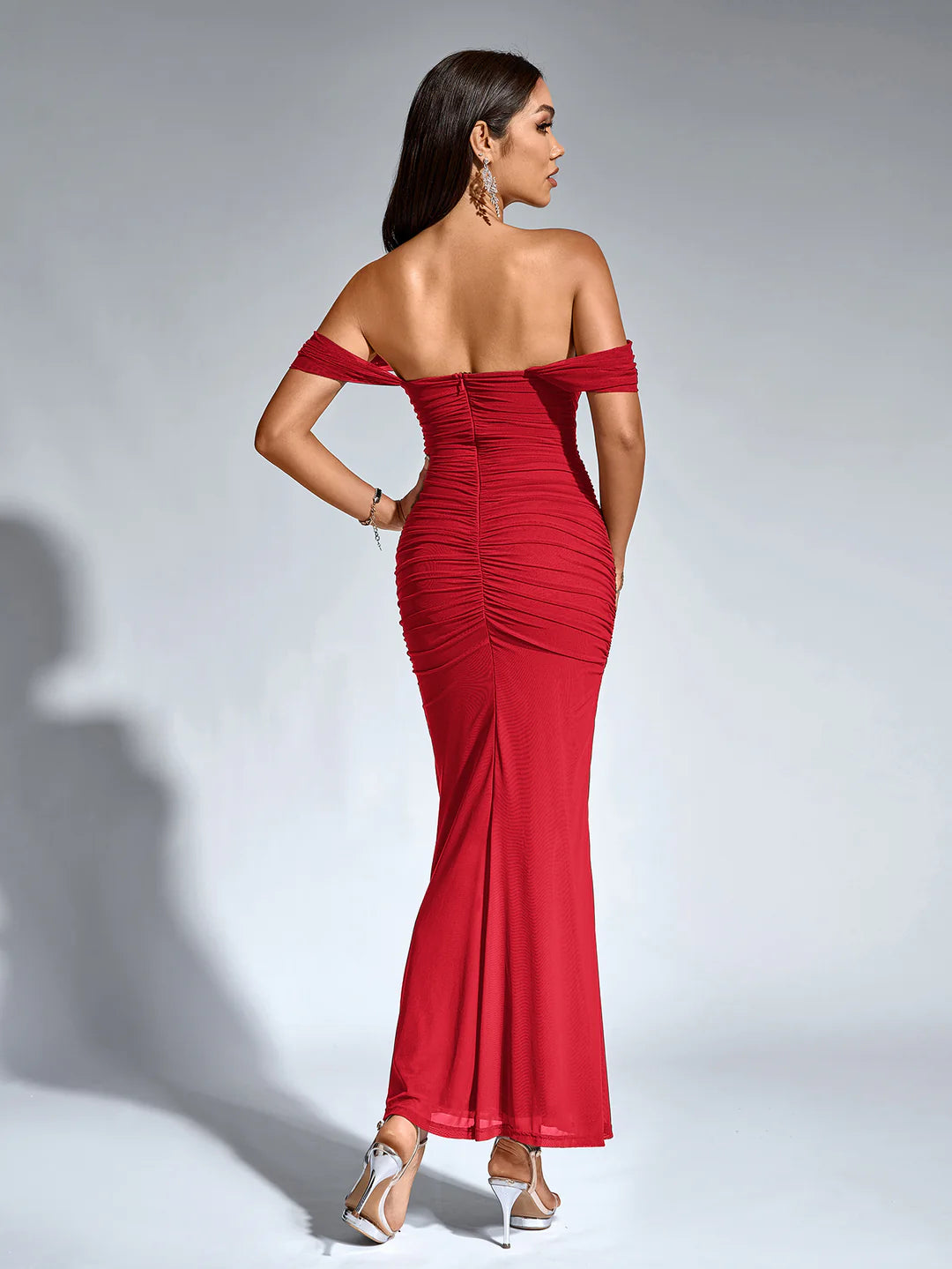 Long Off Shoulder Gathered Mermaid Cut Zip Back