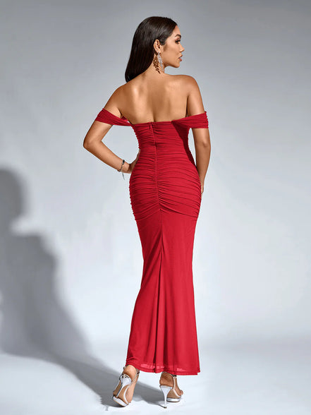 Long Off Shoulder Gathered Mermaid Cut Zip Back