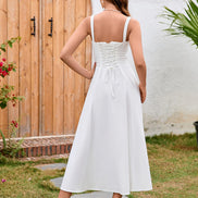 Women's Corset Style Midi Dress Square Neck Ruched Bust Crisscross Lace-Up Back Side Split