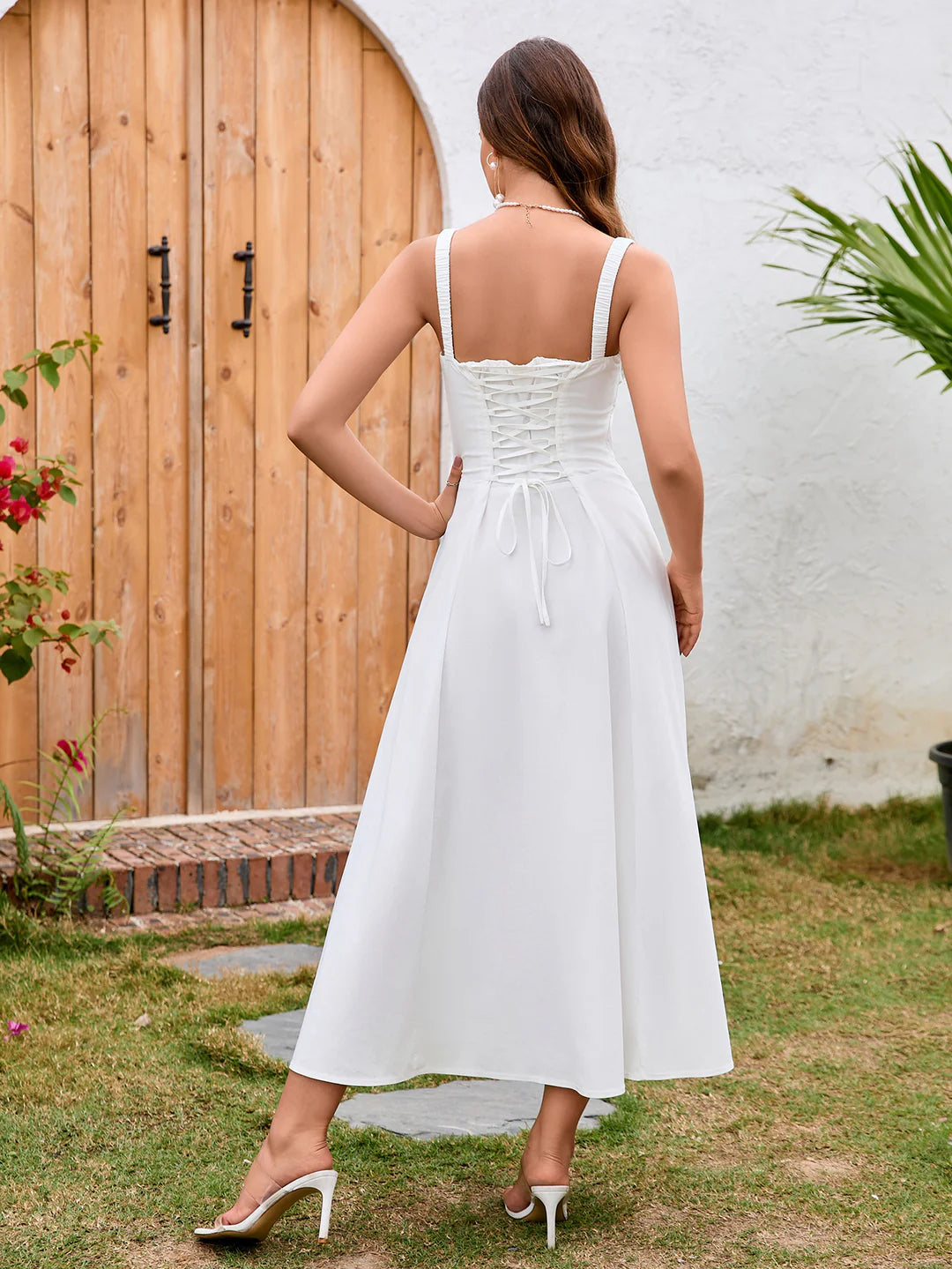 Women's Corset Style Midi Dress Square Neck Ruched Bust Crisscross Lace-Up Back Side Split