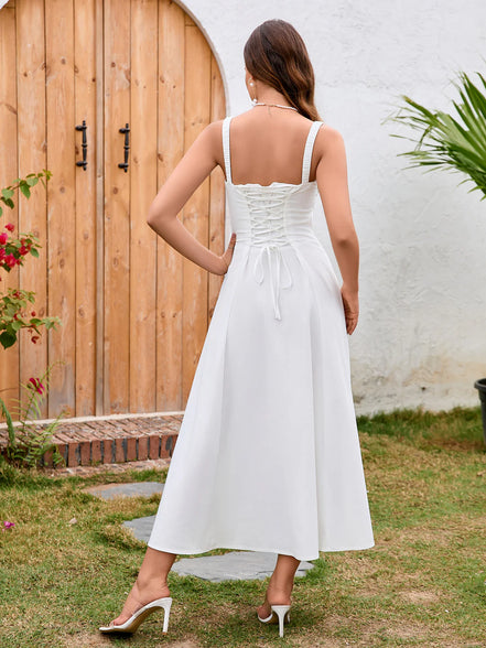 Women's Corset Style Midi Dress Square Neck Ruched Bust Crisscross Lace-Up Back Side Split