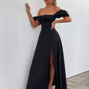 Maxi Dress Off Shoulder Puffy Sleeves Tie Front Bust Gathered High Slet